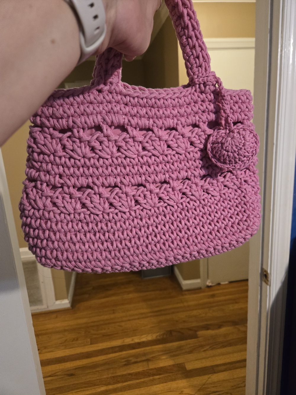 Pink Crochet Shoulder Bag with Pom Accent